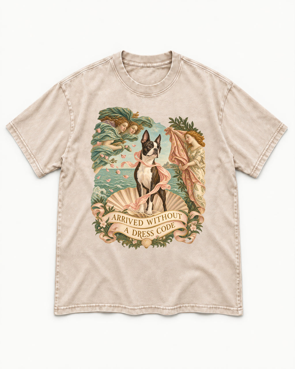 Arrived Without a Dress Code Boston Terrier Venus Parody Washed Tee in Apricot, flat lay product photo