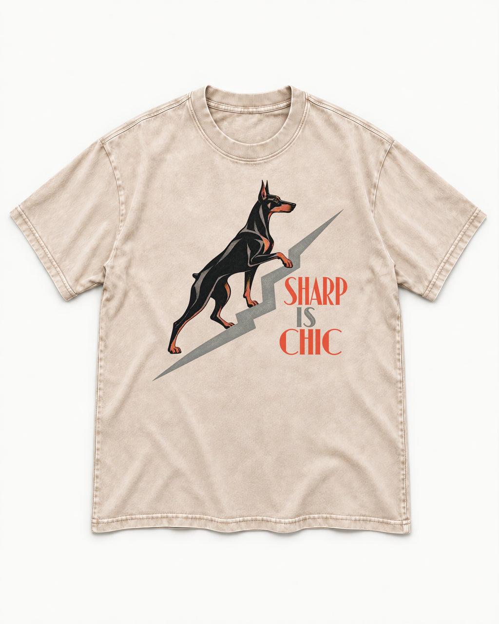 Doberman Is Chic Washed Tee in Apricot, flat lay product photo