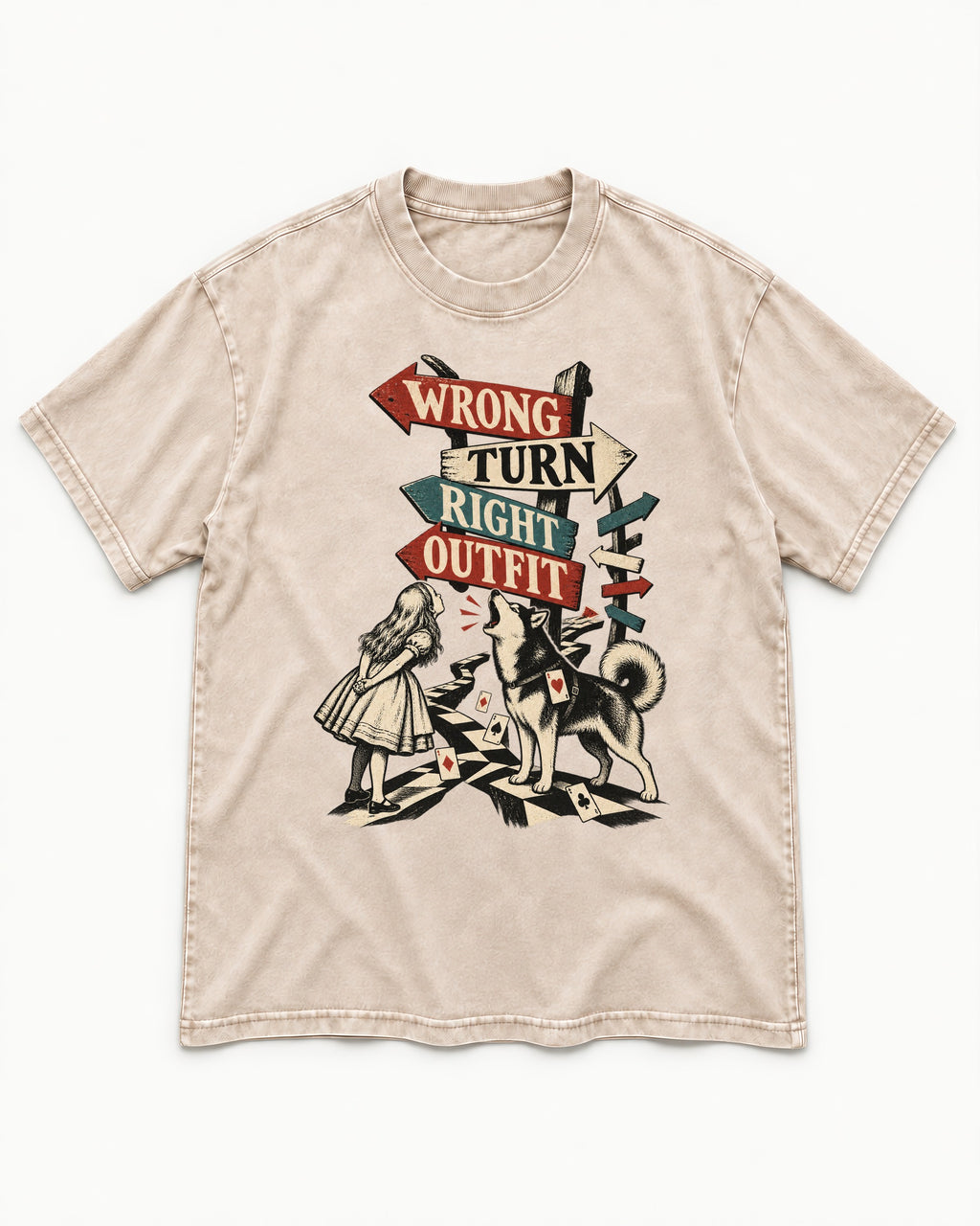Husky Wrong Turn Right Outfit Wonderland Signpost Graphic Washed Tee in Apricot, flat lay product photo