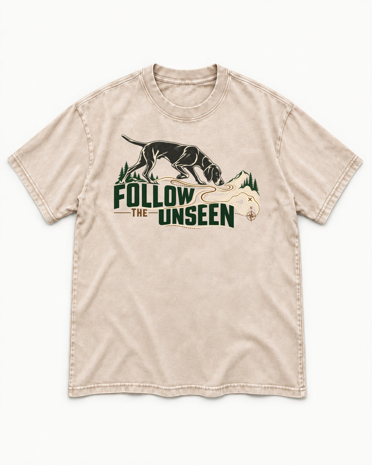 Follow the Unseen German Shorthaired Pointer Washed Tee in Apricot, flat lay product photo