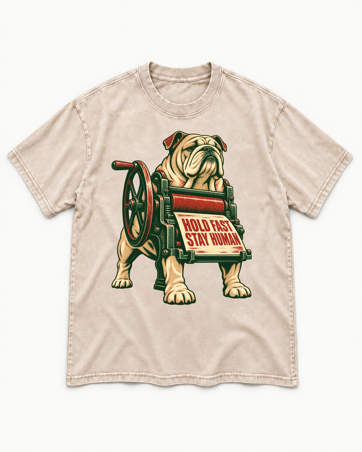 Hold Fast Stay Human English Bulldog Washed Tee in Apricot, flat lay product photo