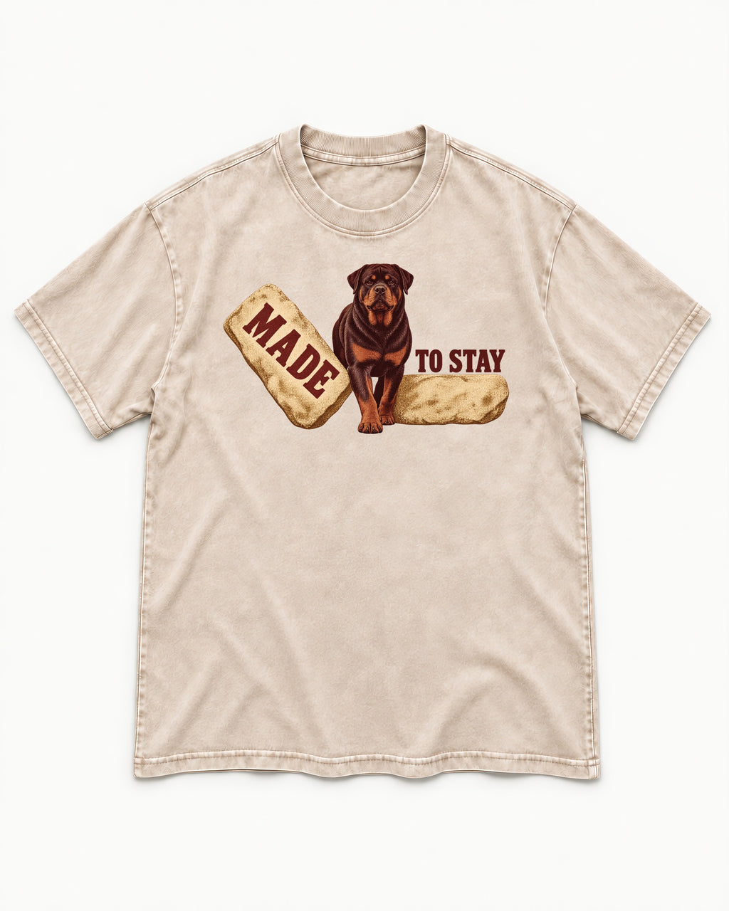 Rottweiler Made to Stay Stepping Stone Graphic Washed Tee in Apricot, flat lay product photo