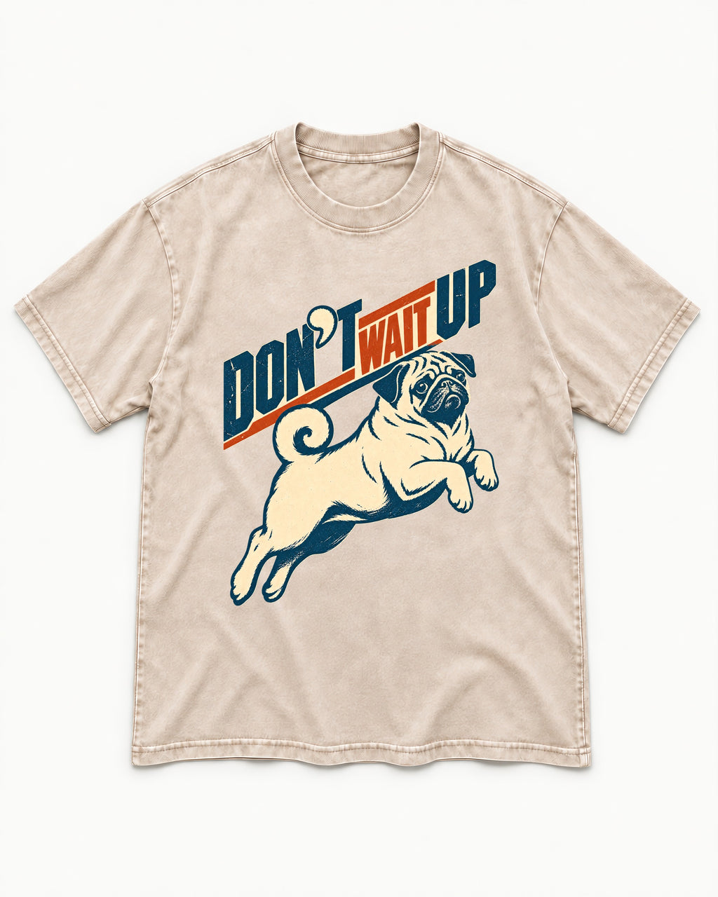 Don't Wait Up for Pug Washed Tee in Apricot, flat lay product photo