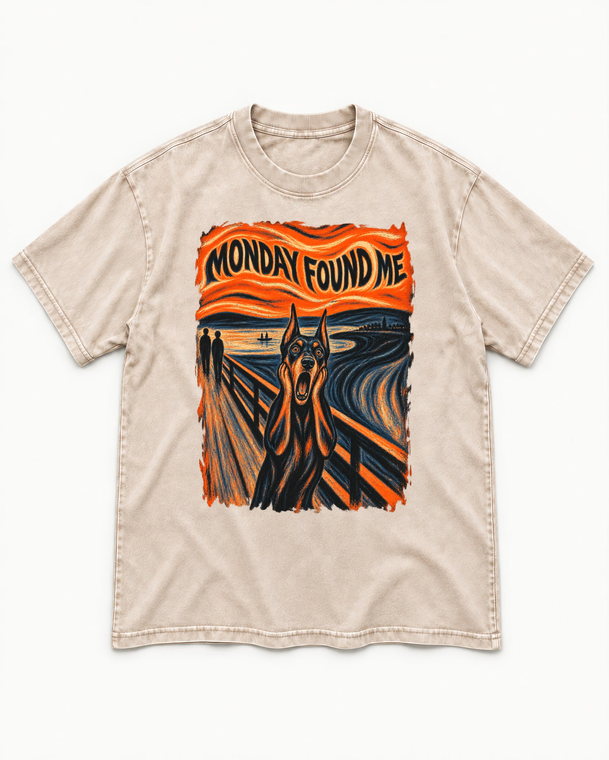 Doberman Monday Found Me Scream Graphic Washed Tee in Apricot, flat lay product photo