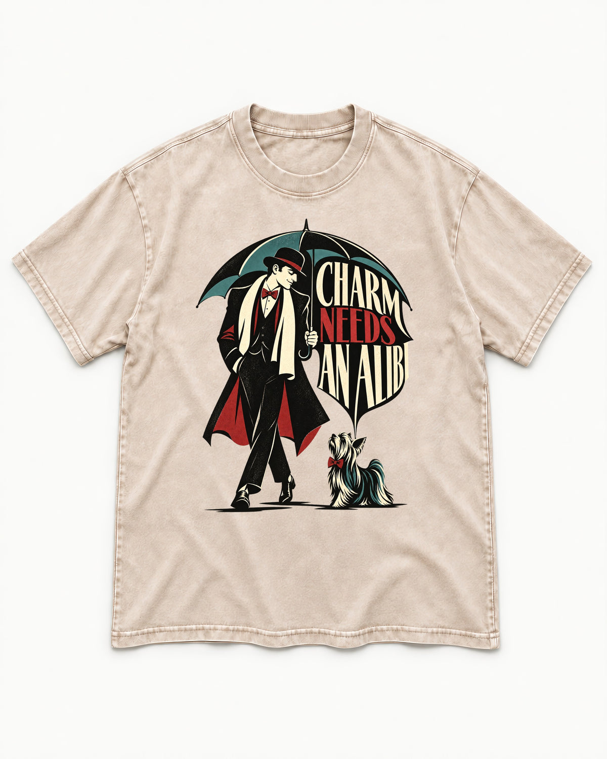 Charm Needs an Alibi Yorkshire Terrier Washed Tee in Apricot, flat lay product photo