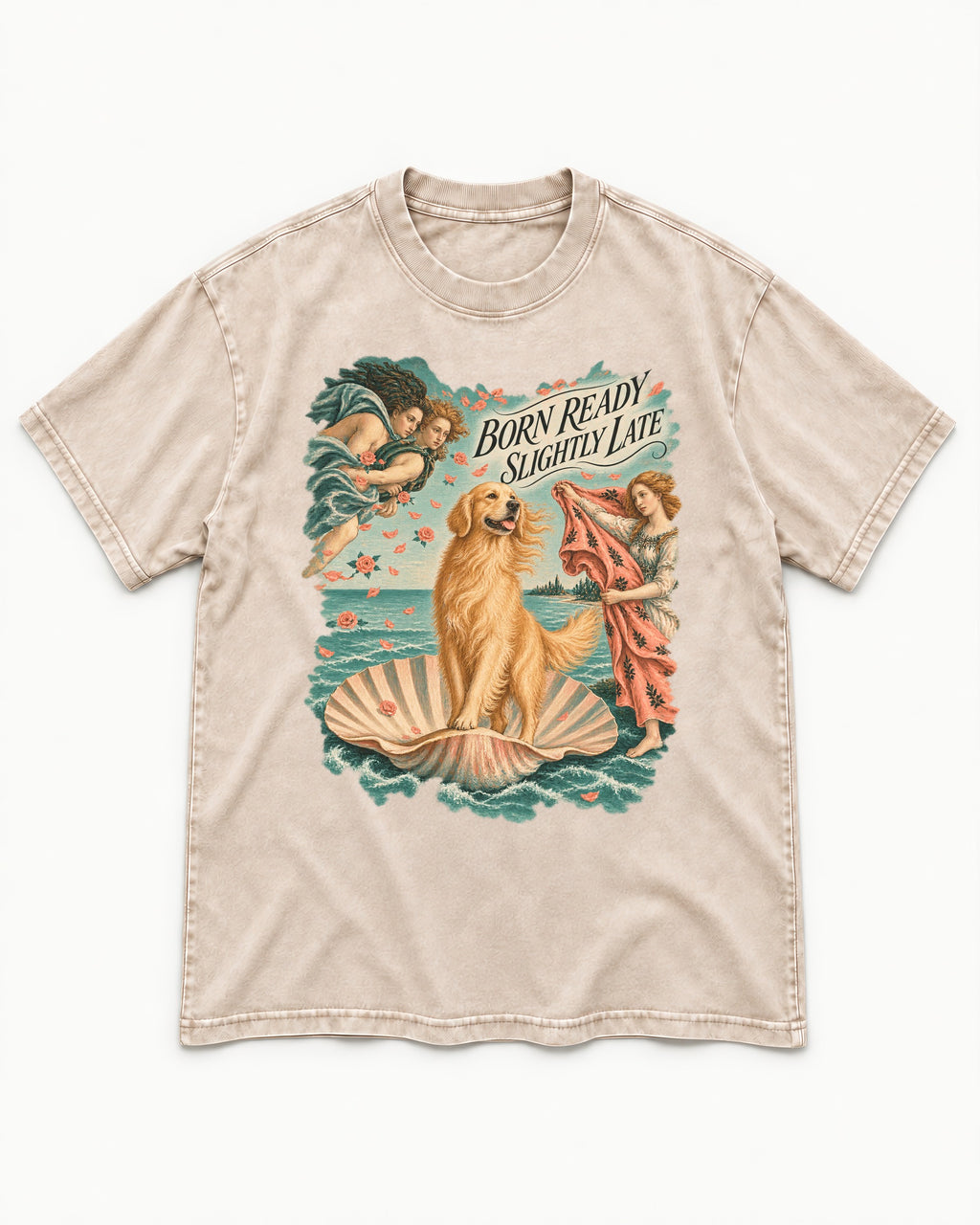 Born Ready Slightly Late Venus Golden Retriever Graphic Washed Tee in Apricot, flat lay product photo