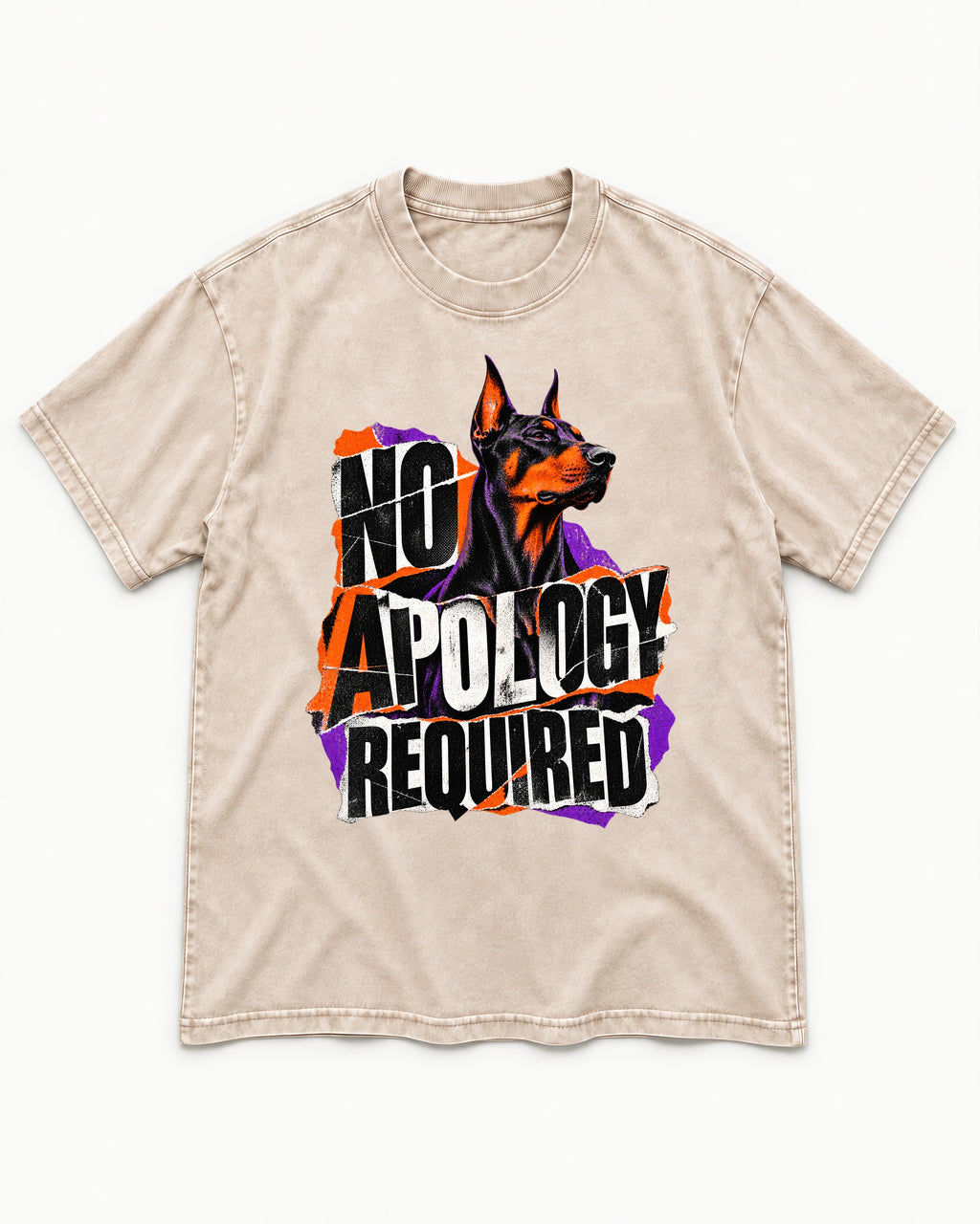 Doberman No Apology Required Torn Paper Graphic Washed Tee in Apricot, flat lay product photo
