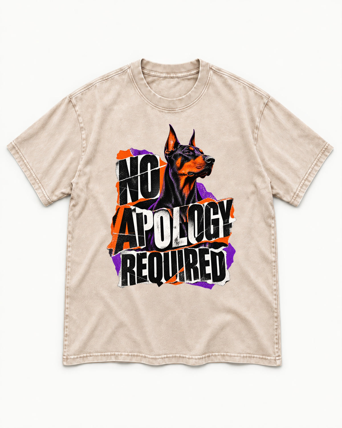 Doberman No Apology Required Torn Paper Graphic Washed Tee in Apricot, flat lay product photo