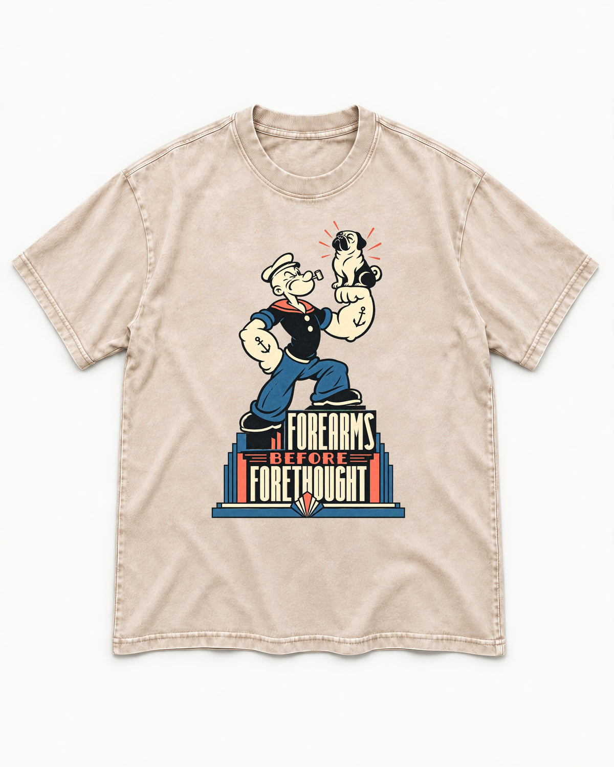 Pug Forearms Before Forethought Washed Tee in Apricot, flat lay product photo