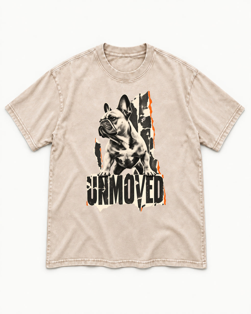 Frenchie Unmoved Torn Poster Graphic Washed Tee in Apricot, flat lay product photo