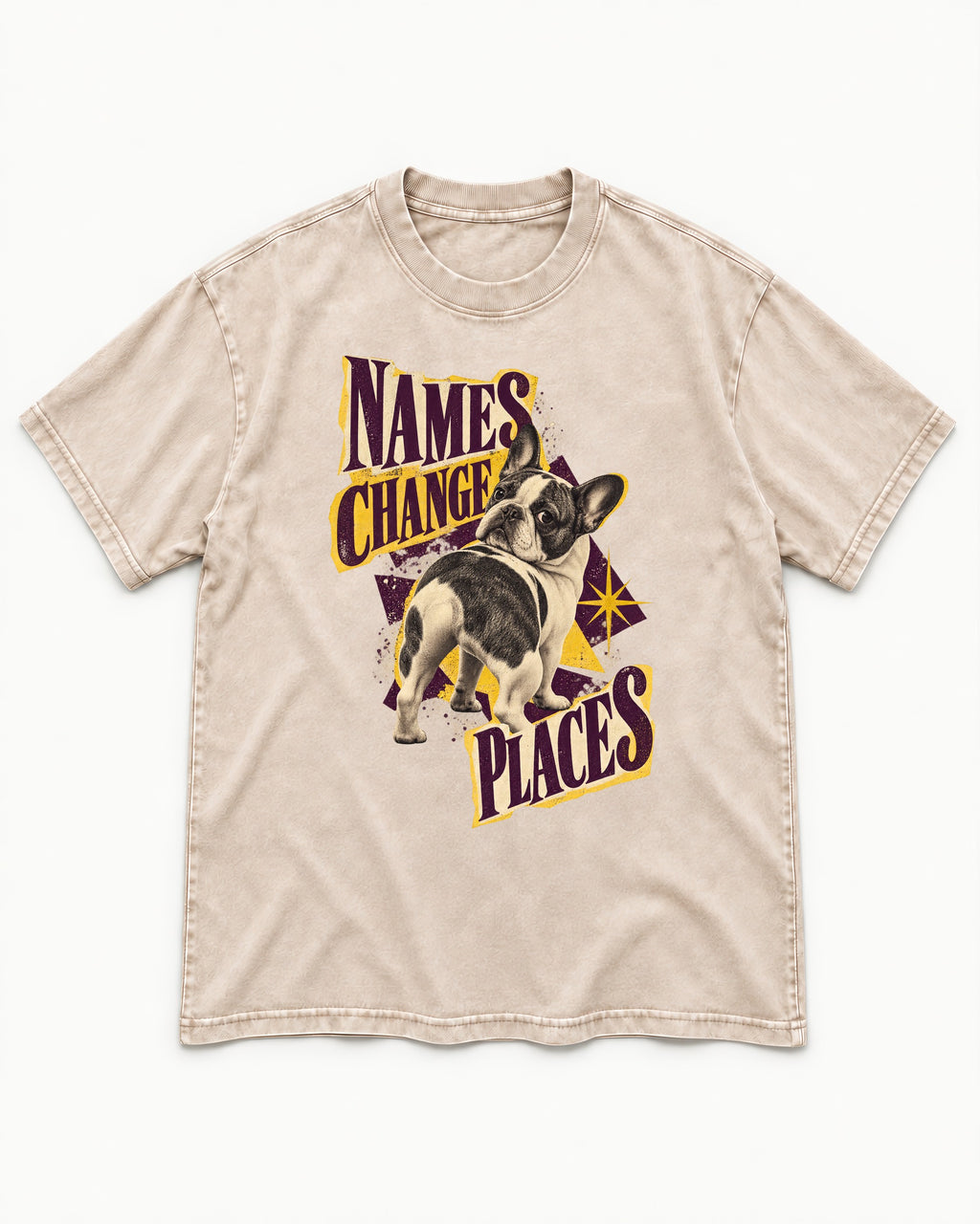 Frenchie Names Change Places Purple Poster Graphic Washed Tee in Apricot, flat lay product photo