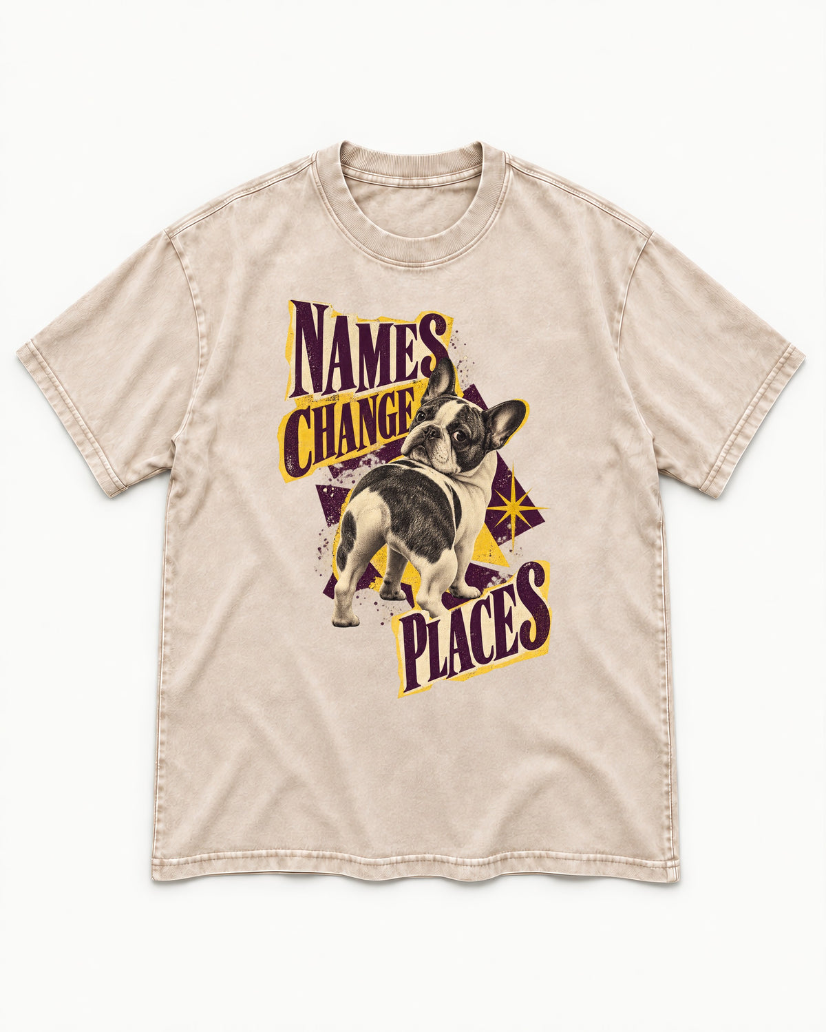 Frenchie Names Change Places Purple Poster Graphic Washed Tee in Apricot, flat lay product photo