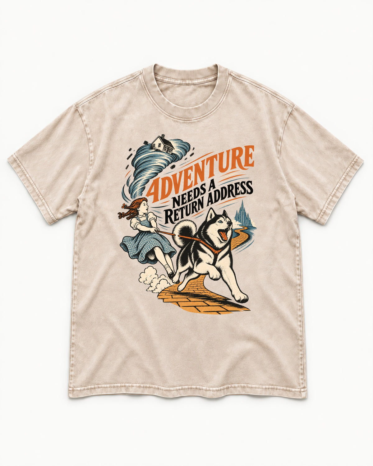 Husky Needs a Return Address Washed Tee in Apricot, flat lay product photo