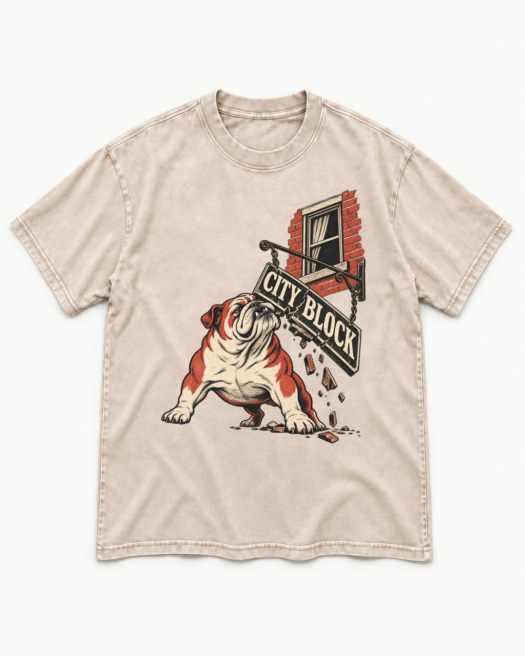 English Bulldog City Block Breaking Sign Graphic Washed Tee in Apricot, flat lay product photo