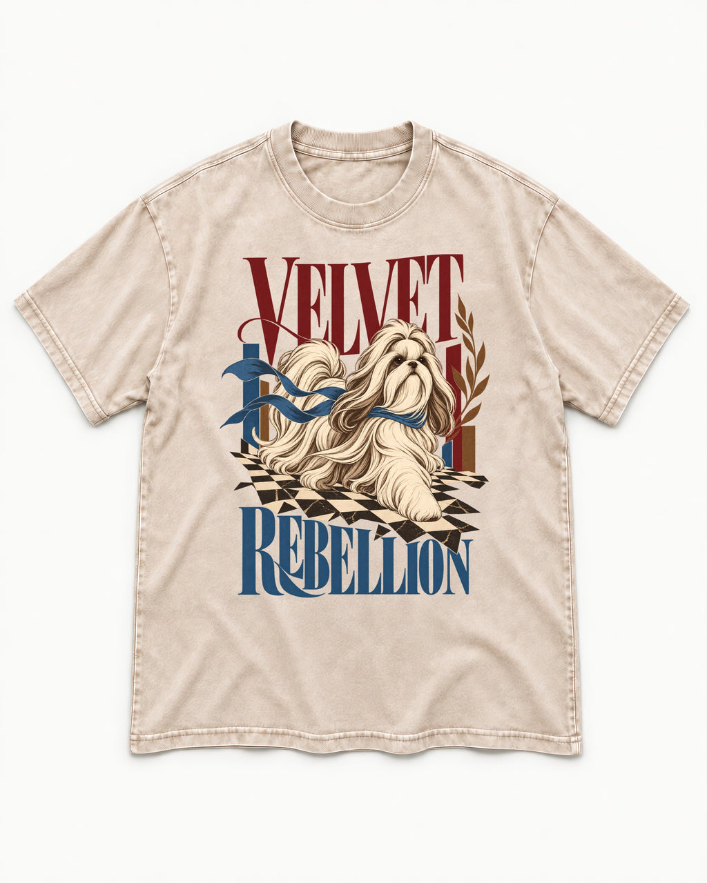 Shih Tzu Velvet Rebellion Checkerboard Graphic Washed Tee in Apricot, flat lay product photo