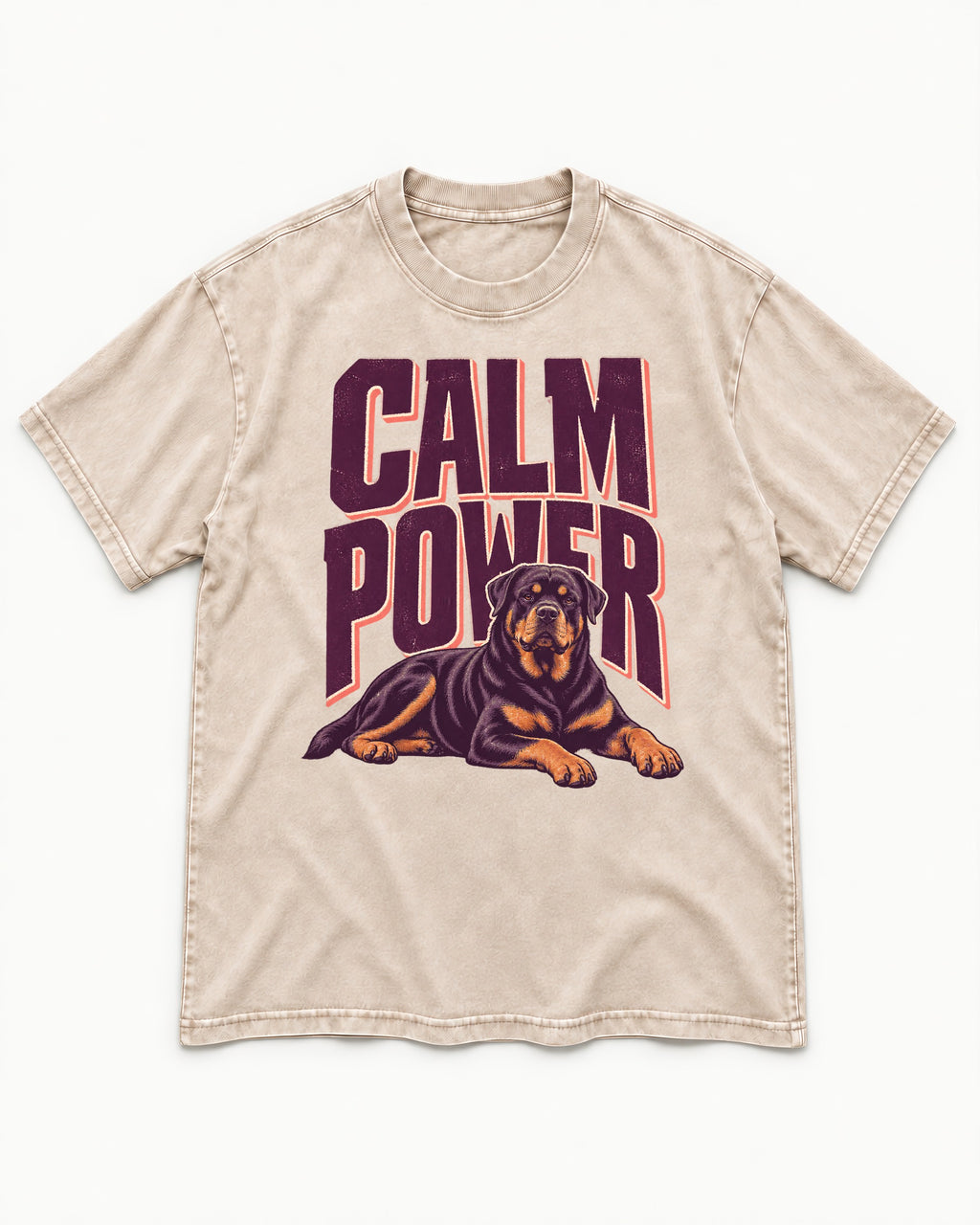 Rottweiler Calm Power Resting Dog Graphic Washed Tee in Apricot, flat lay product photo