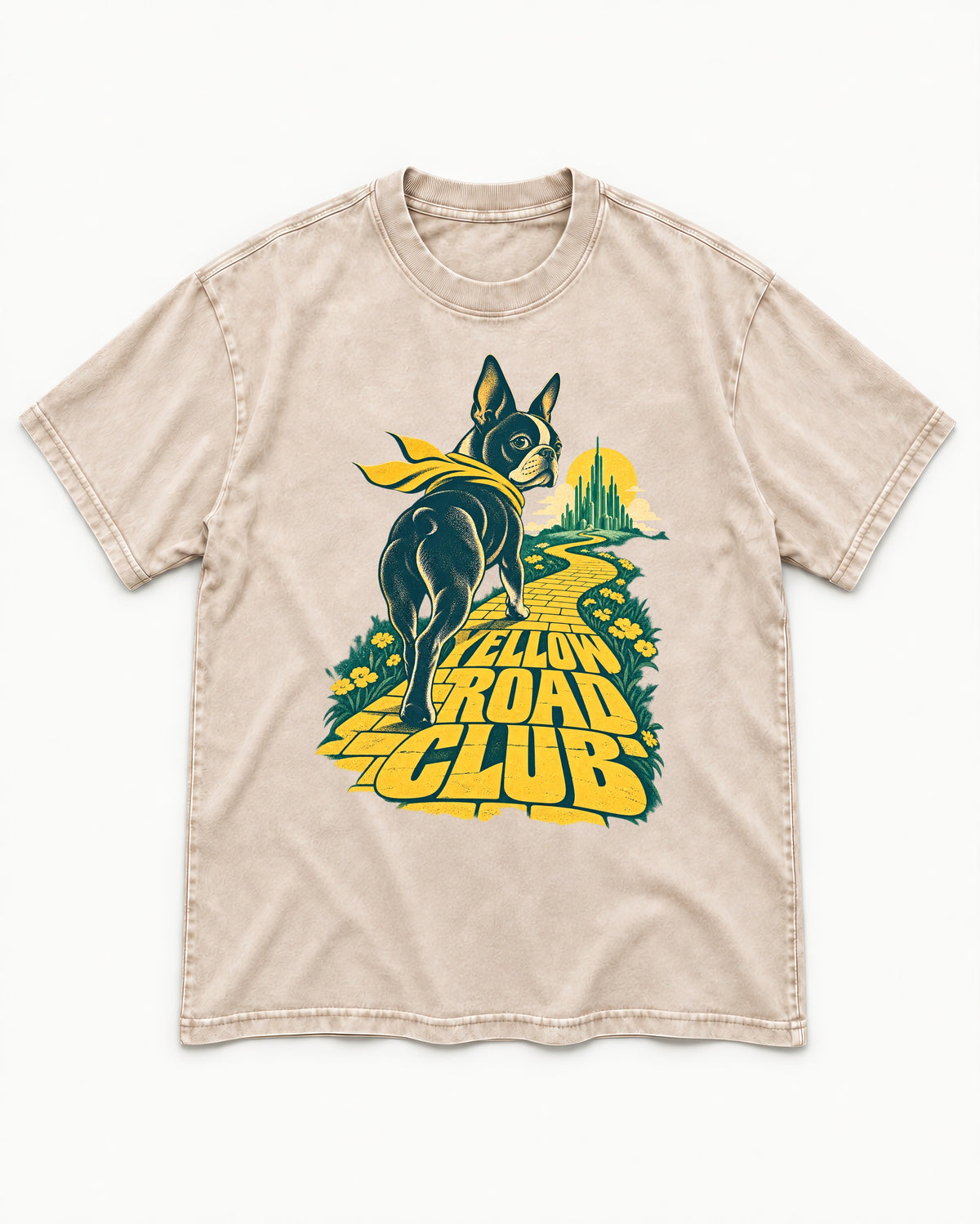 Boston Terrier Yellow Road Club Washed Tee in Apricot, flat lay product photo