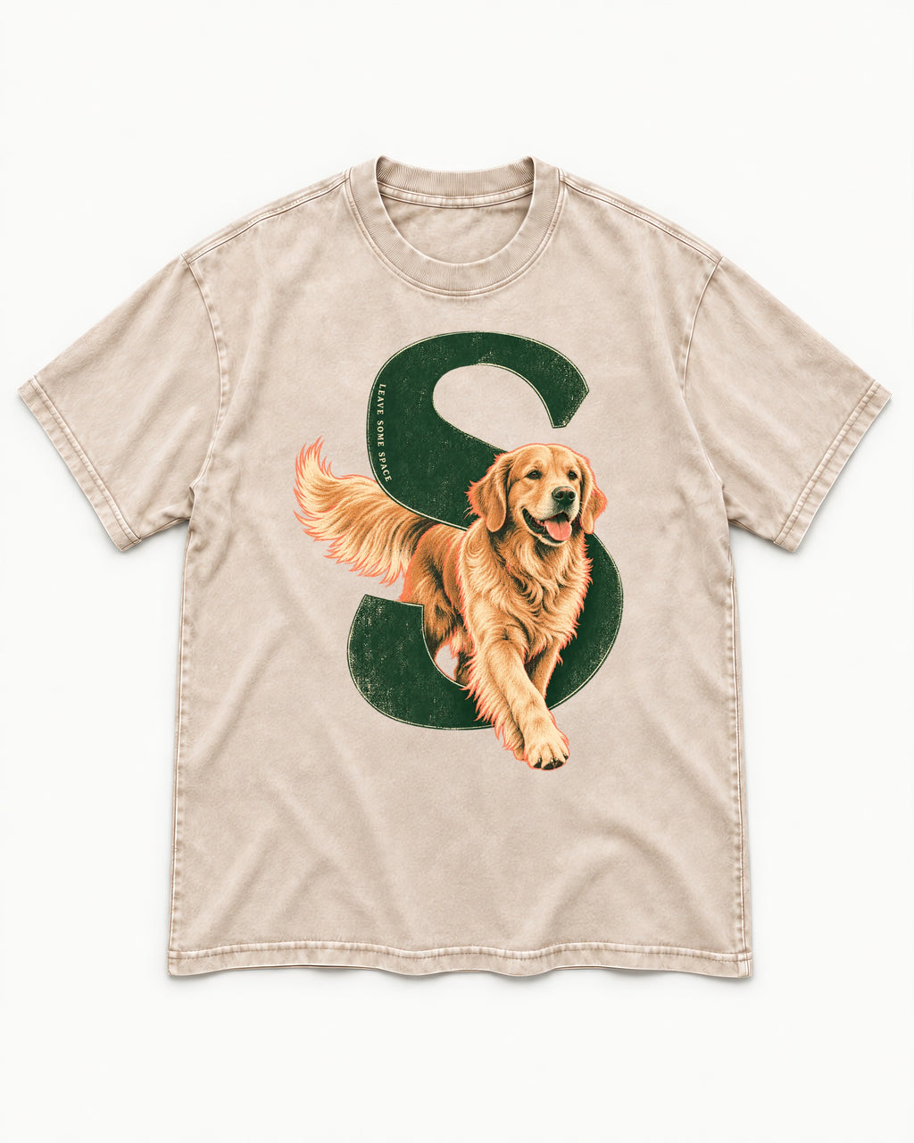 Golden Retriever Leave Some Space Monogram Graphic Washed Tee in Apricot, flat lay product photo