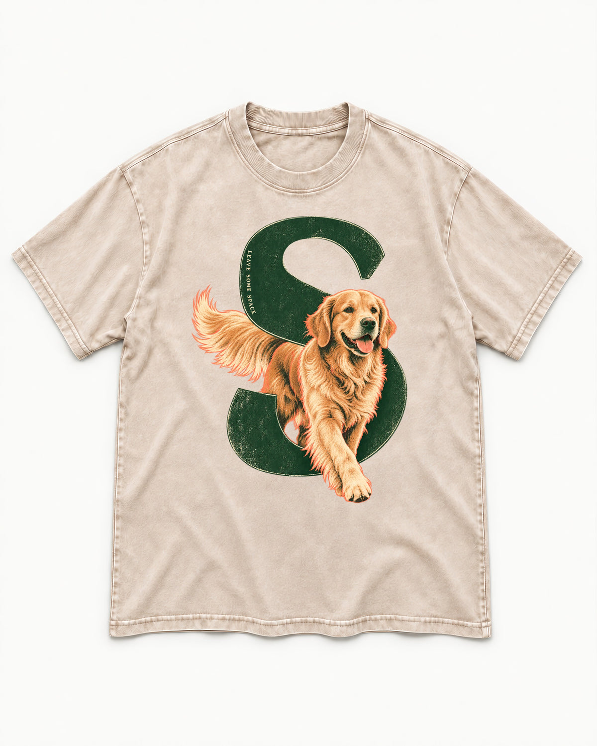 Golden Retriever Leave Some Space Monogram Graphic Washed Tee in Apricot, flat lay product photo
