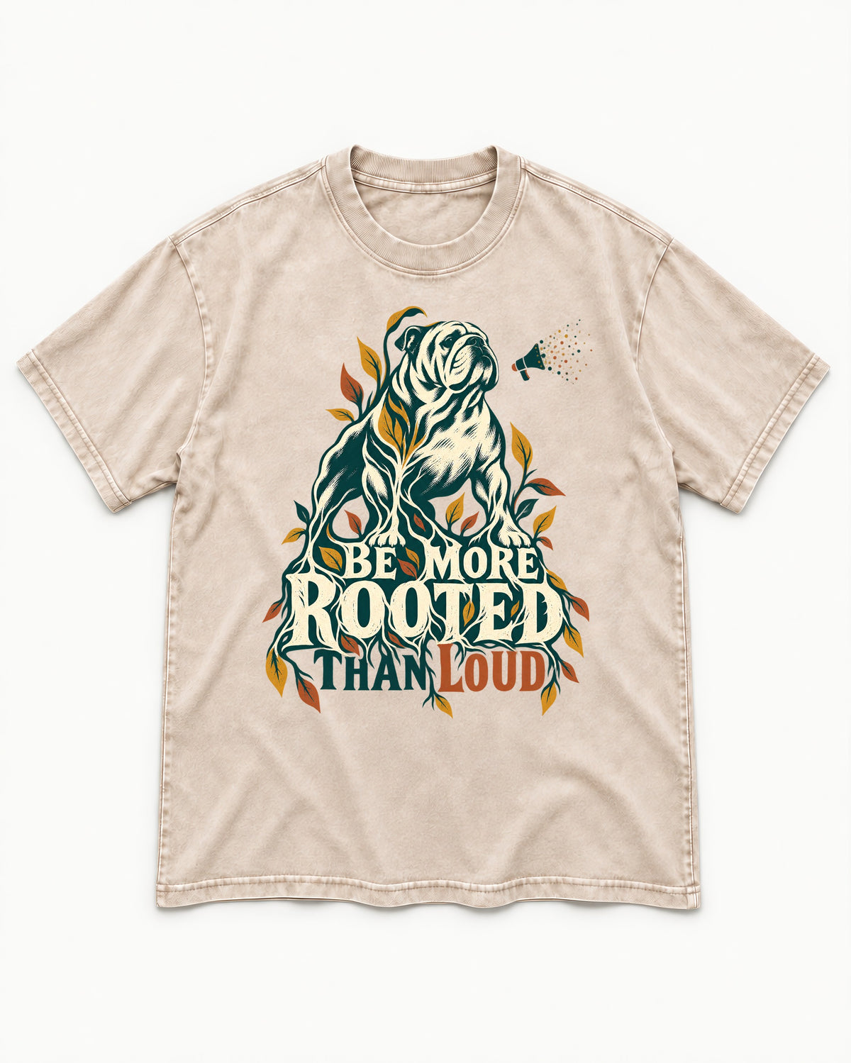 More Rooted Than Loud English Bulldog Washed Tee in Apricot, flat lay product photo