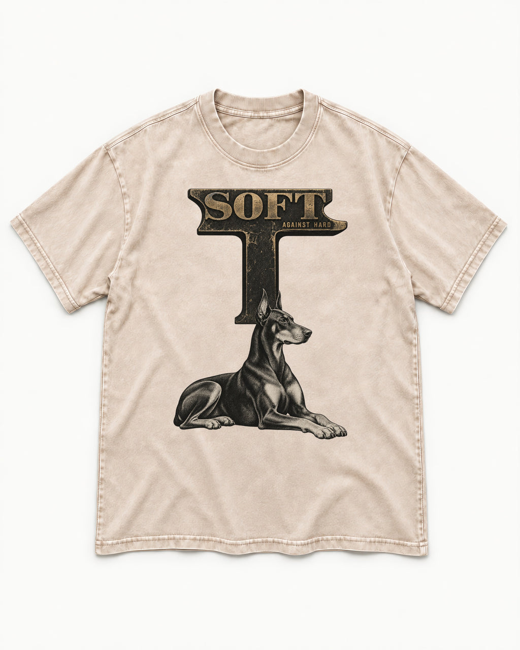 Soft Against Hard Doberman Washed Tee in Apricot, flat lay product photo