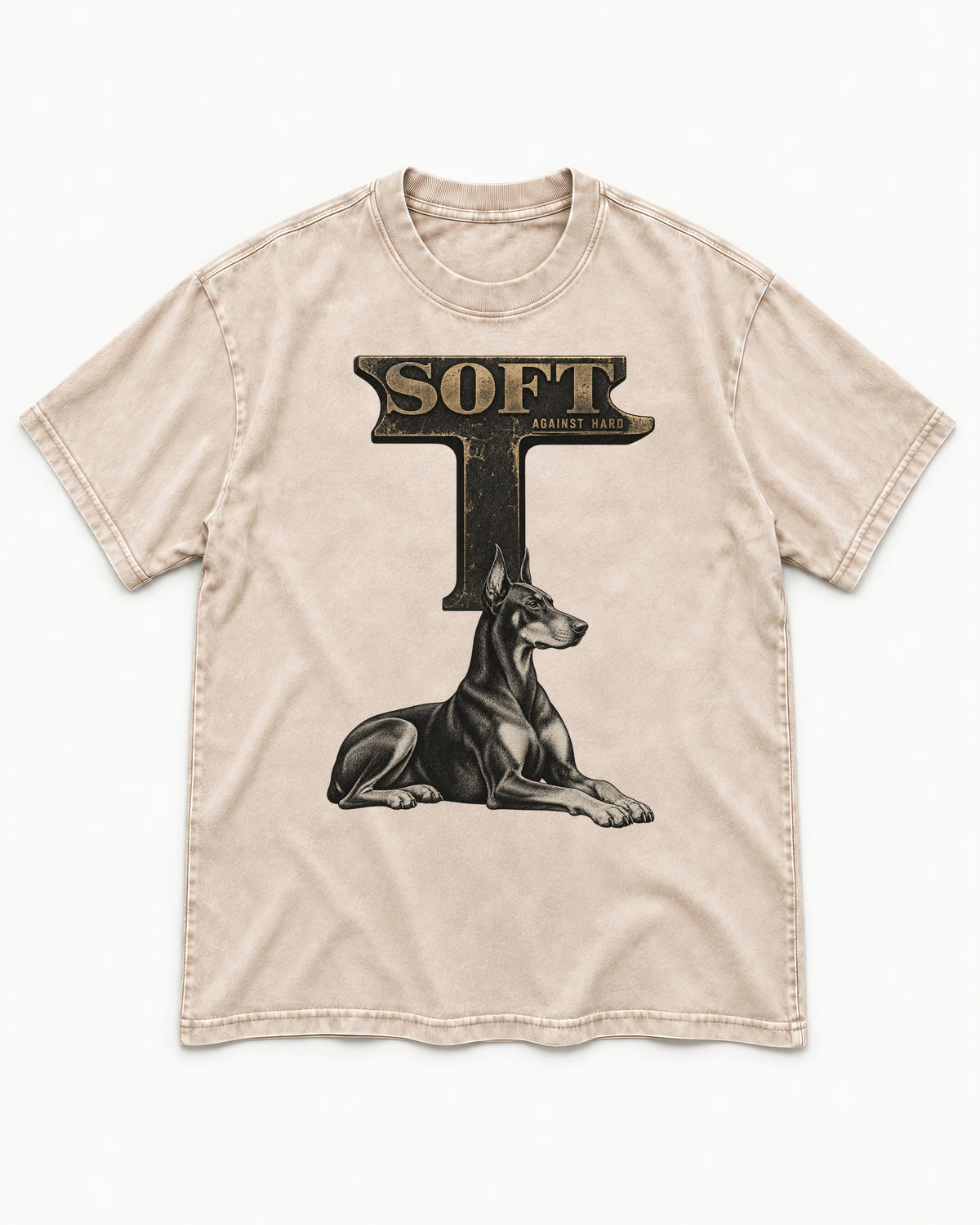 Soft Against Hard Doberman Washed Tee in Apricot, flat lay product photo