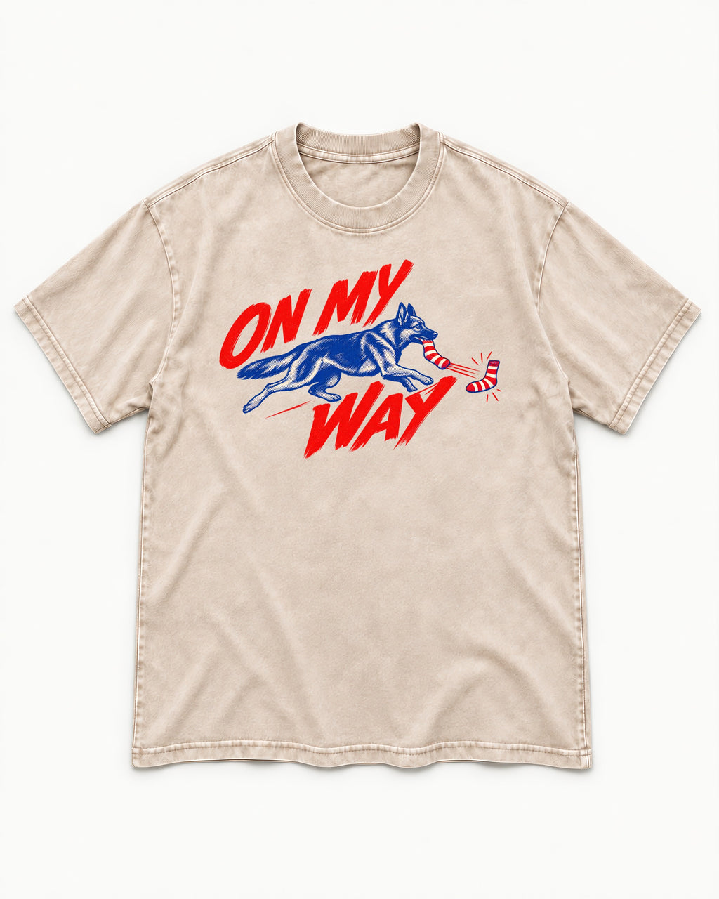 German Shepherd Dog On My Way Sock Chase Graphic Washed Tee in Apricot, flat lay product photo