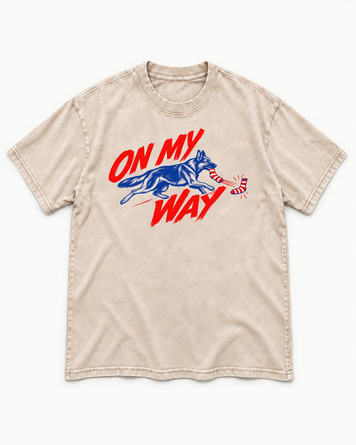 German Shepherd Dog On My Way Sock Chase Graphic Washed Tee in Apricot, flat lay product photo