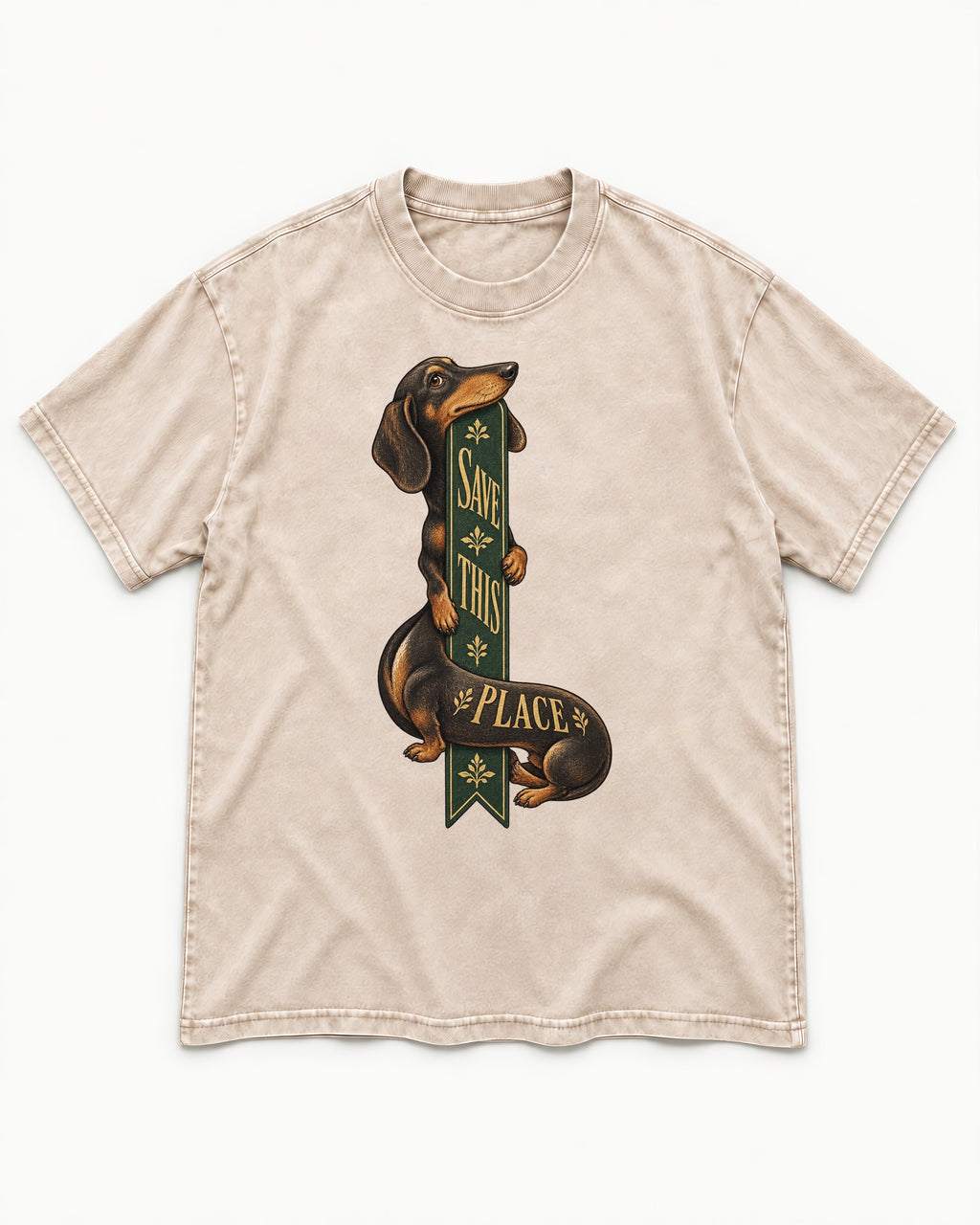 Save This Place Dachshund Washed Tee in Apricot, flat lay product photo