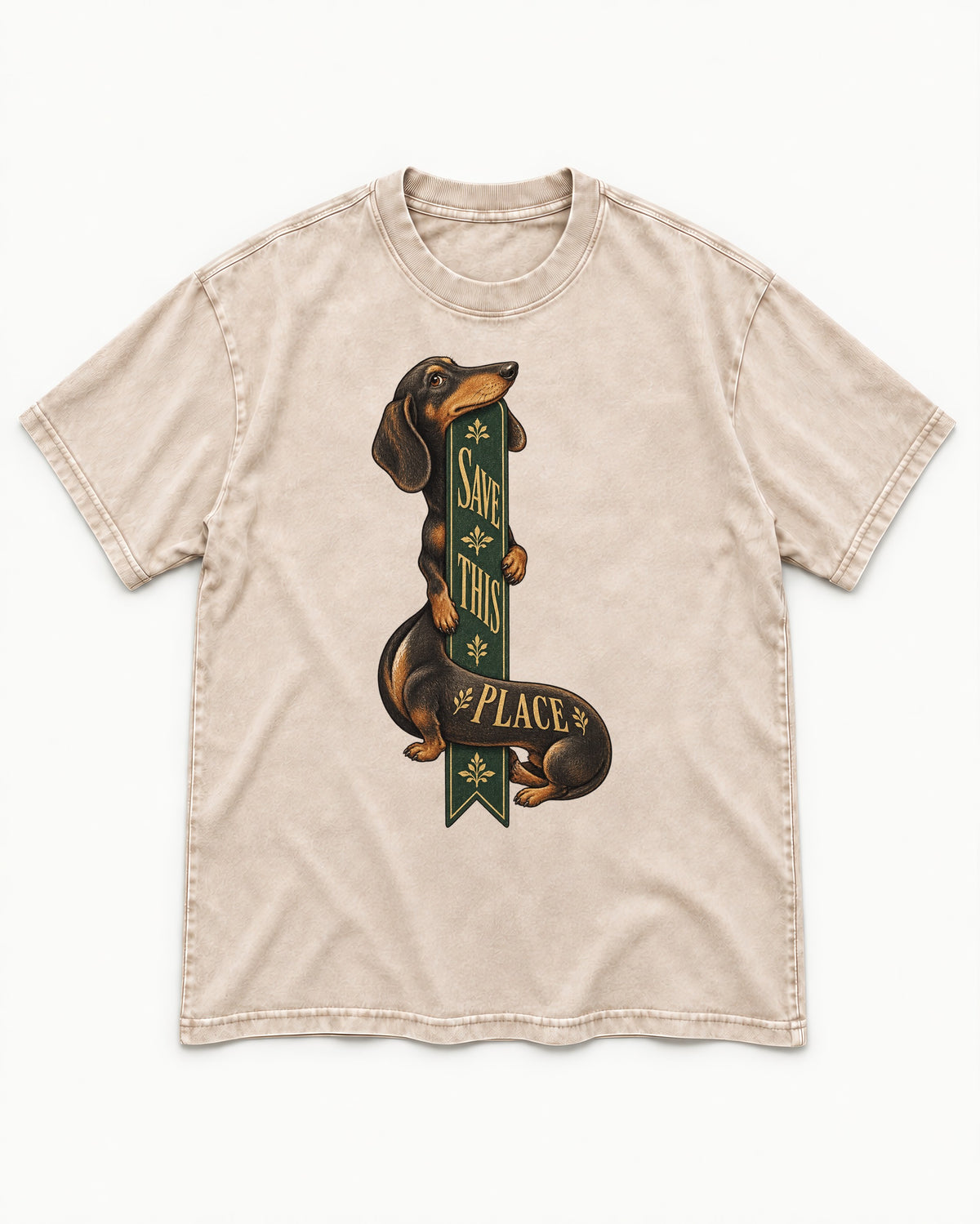 Save This Place Dachshund Washed Tee in Apricot, flat lay product photo