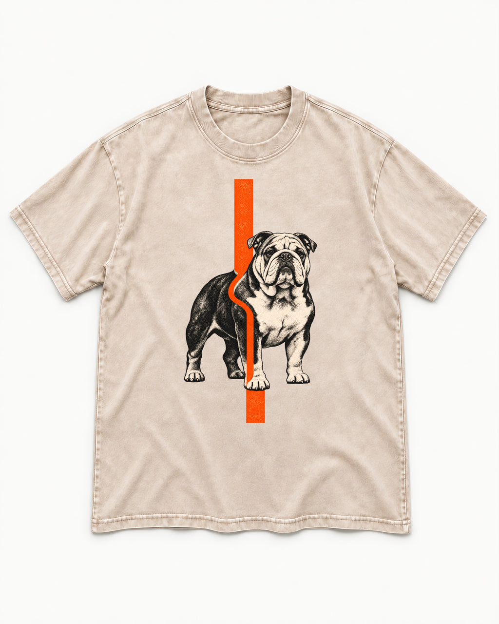 English Bulldog Quiet Strength Washed Tee in Apricot, flat lay product photo