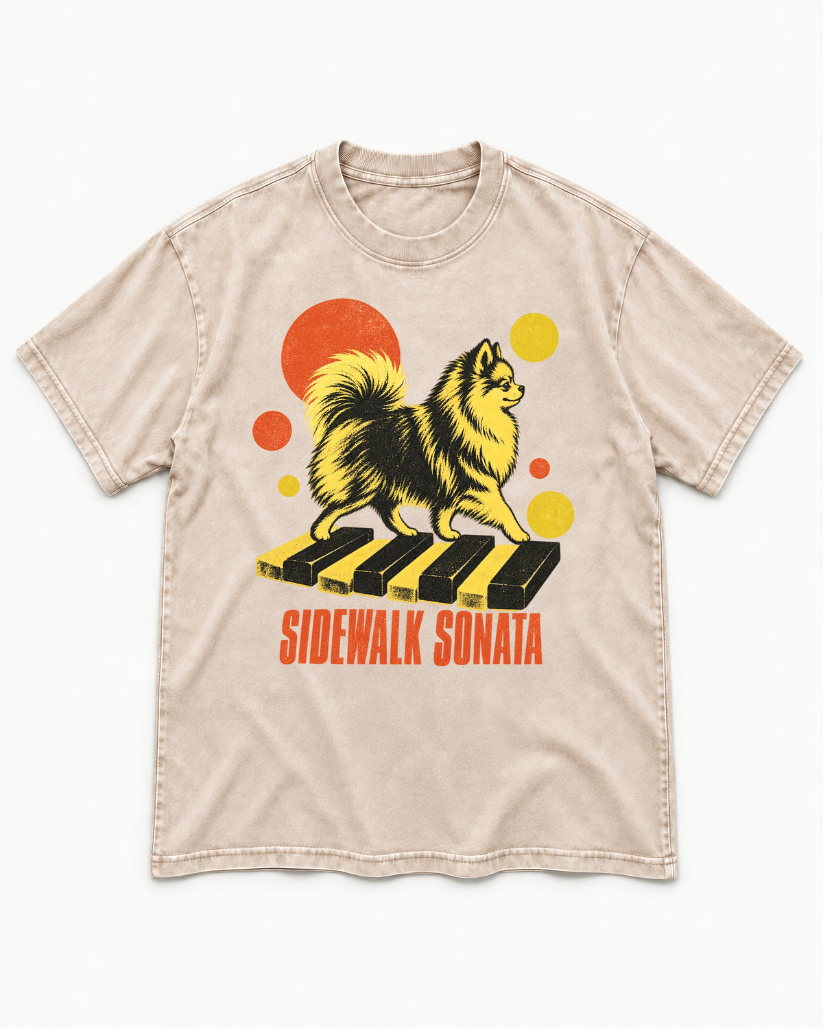 Pomeranian Sidewalk Sonata Piano Graphic Washed Tee in Apricot, flat lay product photo
