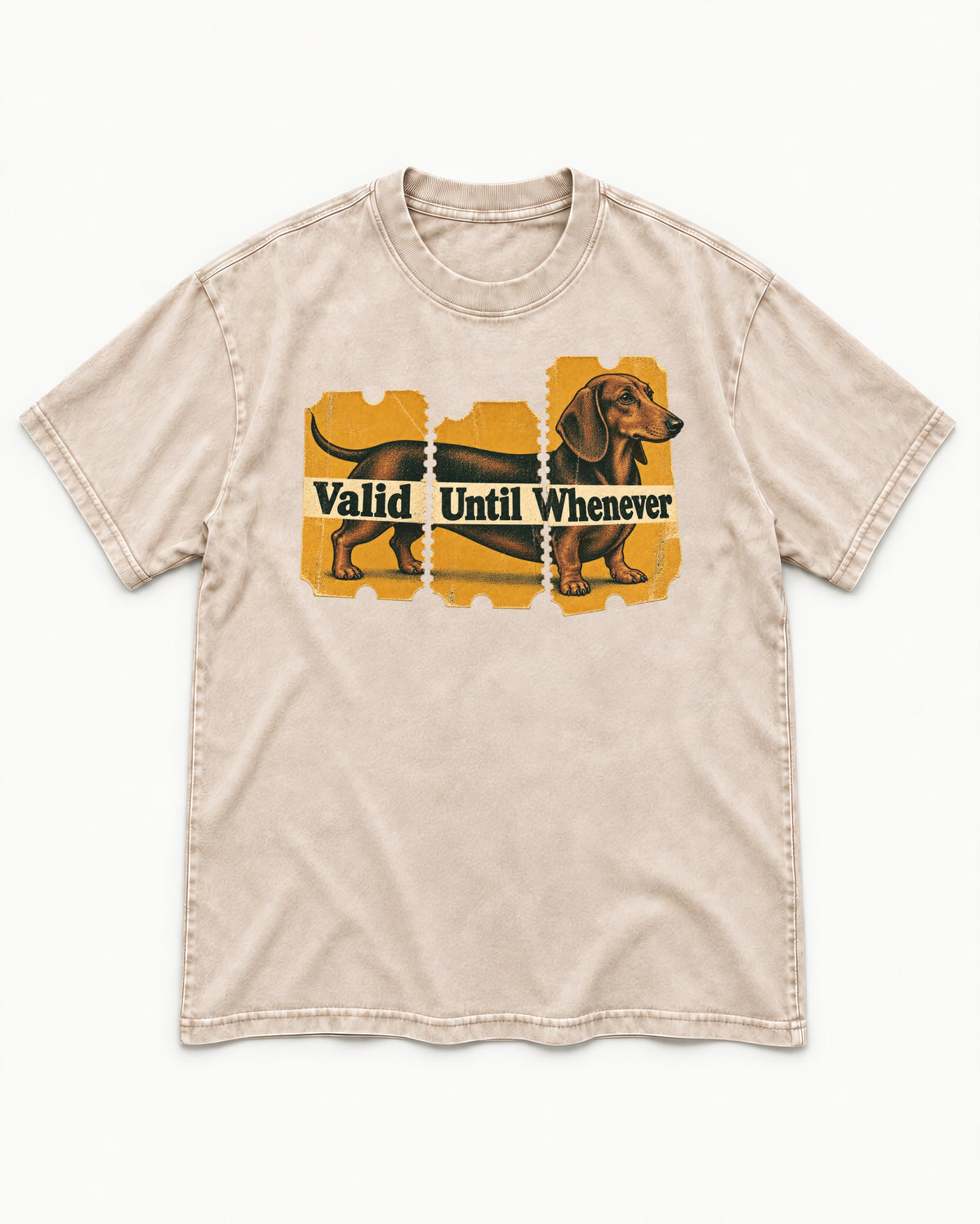 Dachshund Valid Until Whenever Washed Tee in Apricot, flat lay product photo