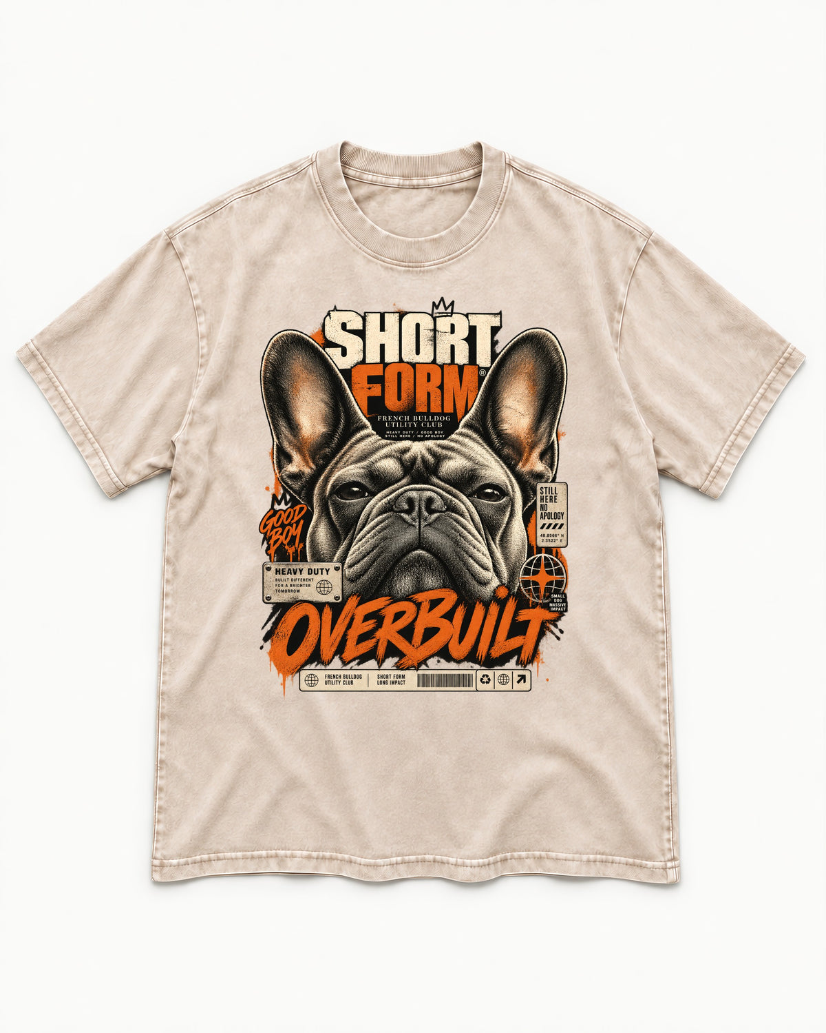 Frenchie Short Form Overbuilt Utility Club Poster Graphic Washed Tee in Apricot, flat lay product photo