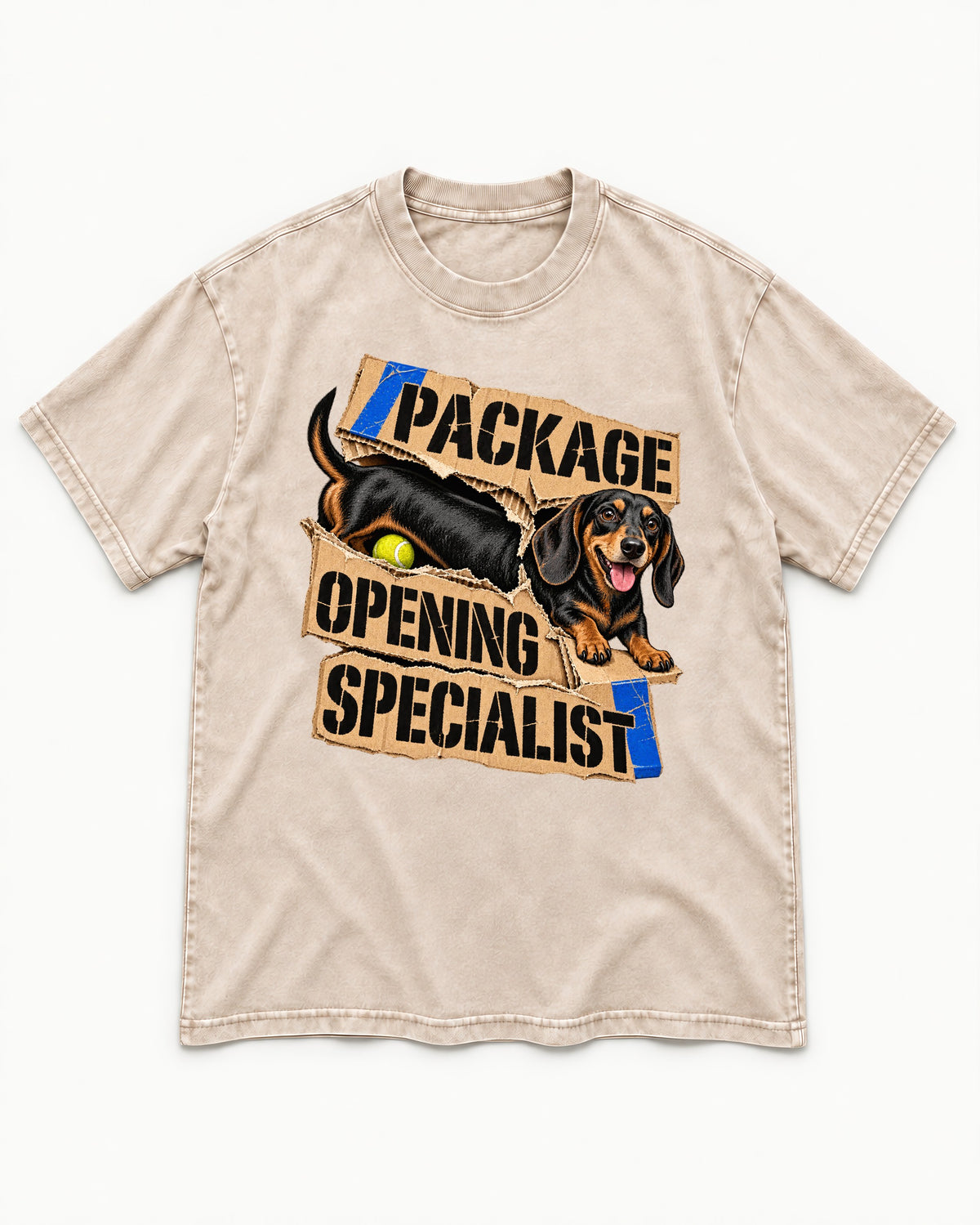 Dachshund Package Opening Specialist Washed Tee in Apricot, flat lay product photo