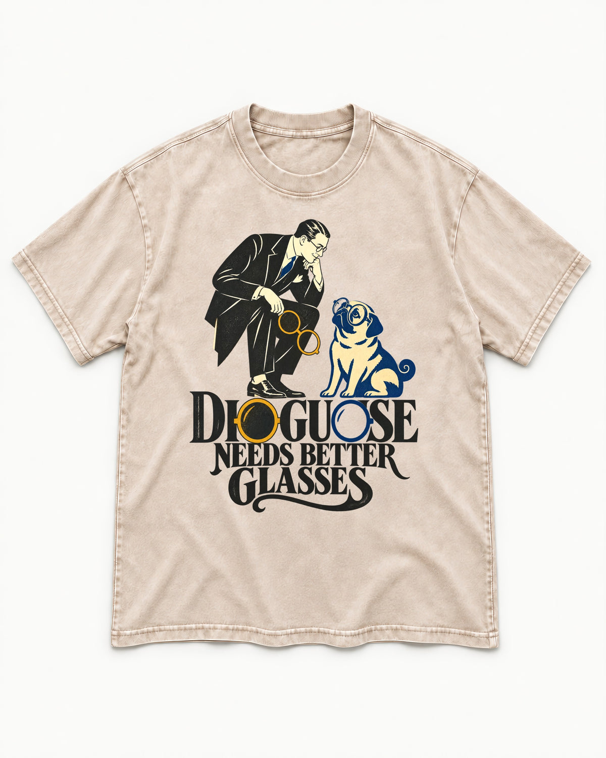 Pug Needs Better Glasses Washed Tee in Apricot, flat lay product photo