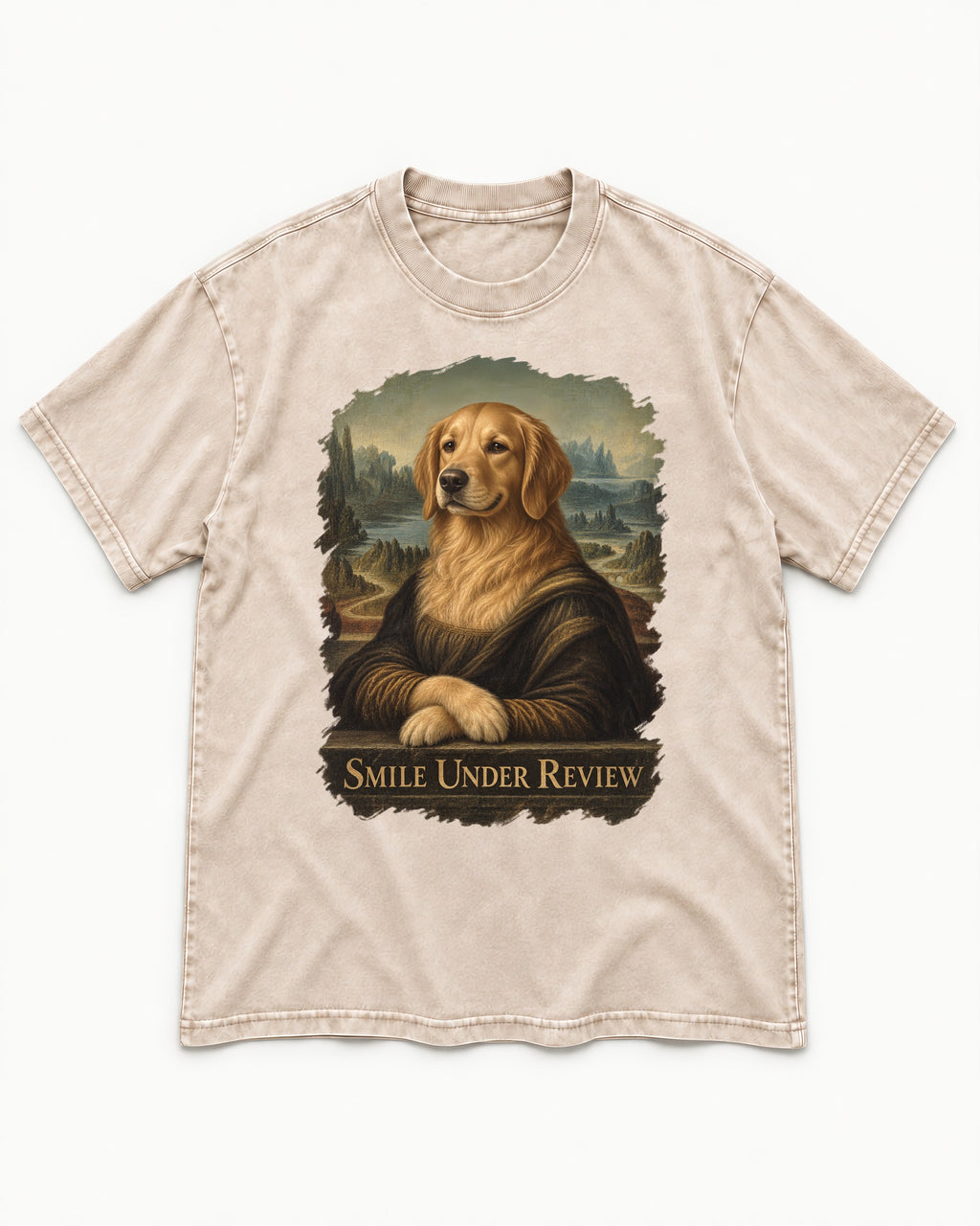 Smile Under Review Renaissance Portrait Golden Retriever Graphic Washed Tee in Apricot, flat lay product photo