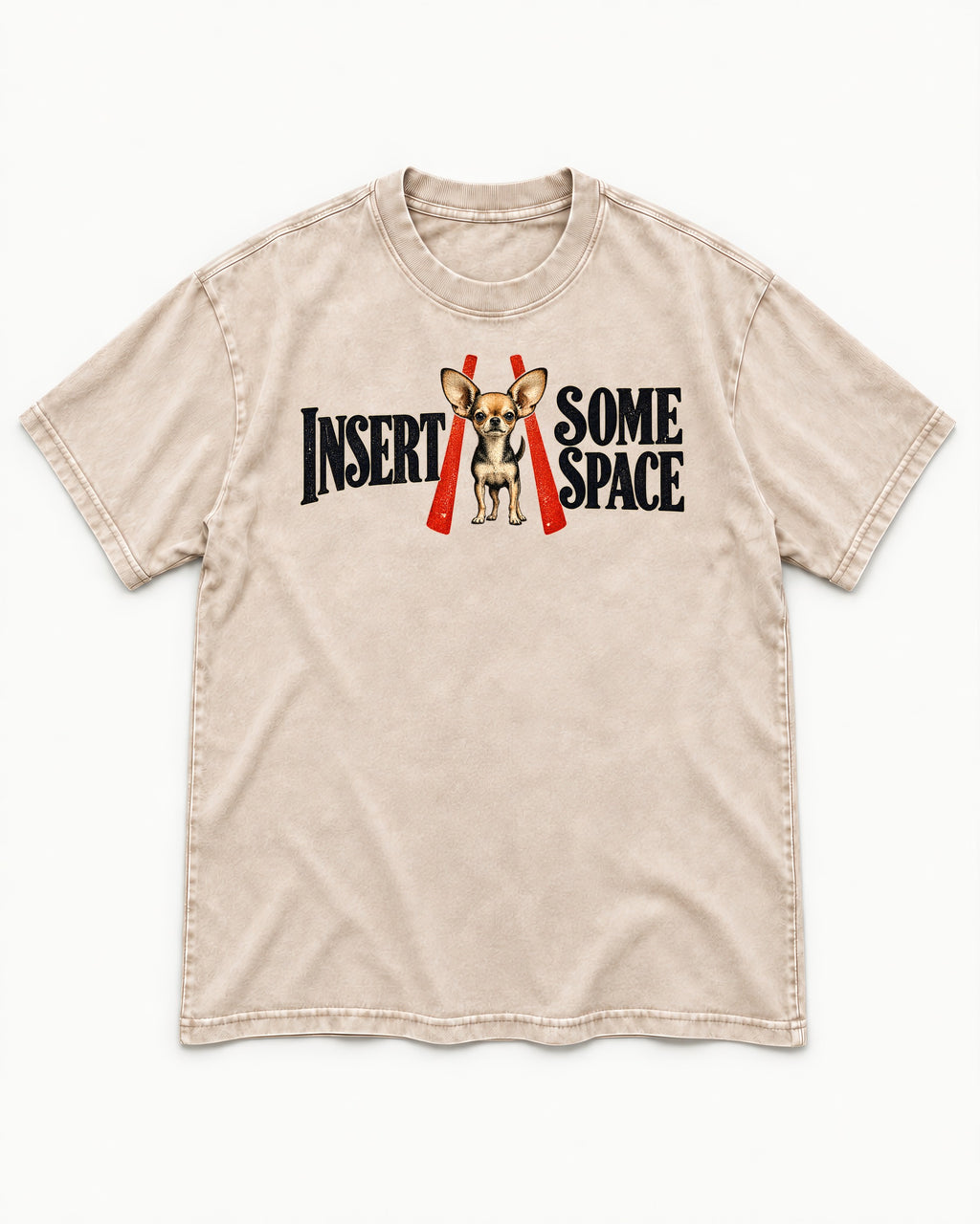 Insert Some Chihuahua Space Washed Tee in Apricot, flat lay product photo