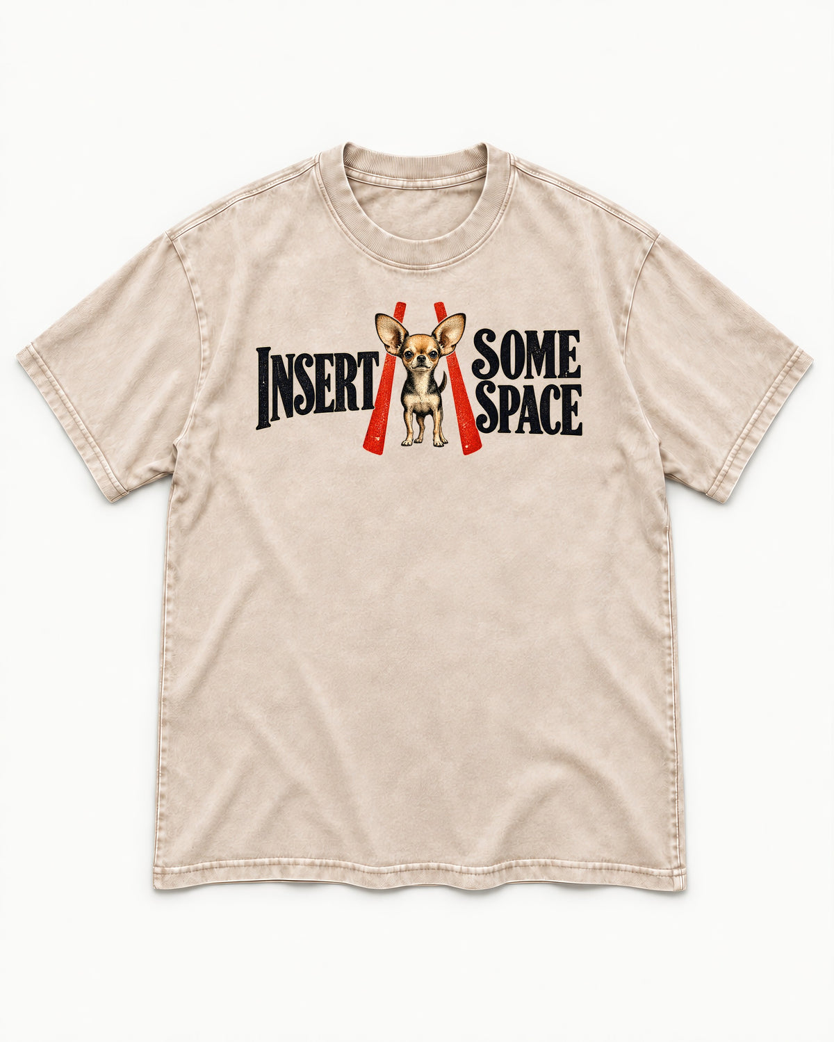 Insert Some Chihuahua Space Washed Tee in Apricot, flat lay product photo