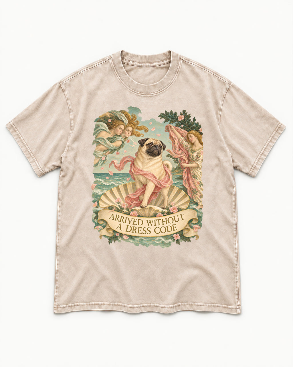 Pug Arrived Without a Dress Code Venus Parody Graphic Washed Tee in Apricot, flat lay product photo