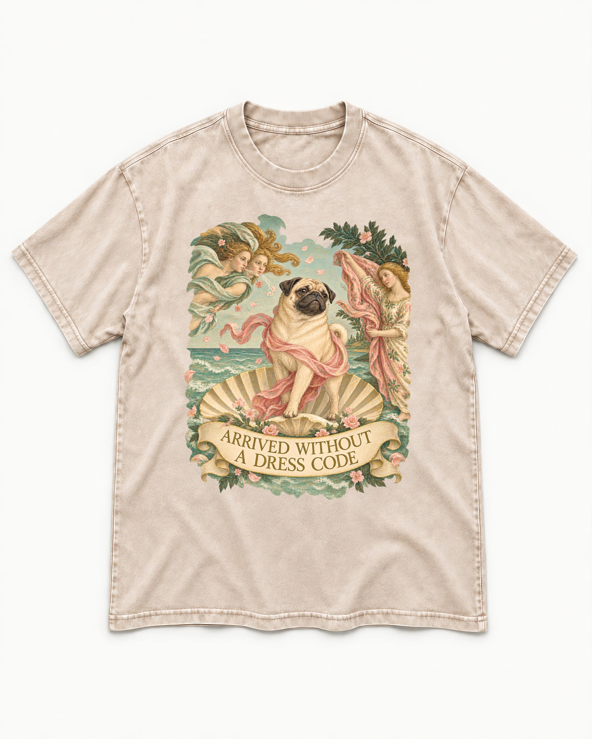 Pug Arrived Without a Dress Code Venus Parody Graphic Washed Tee in Apricot, flat lay product photo