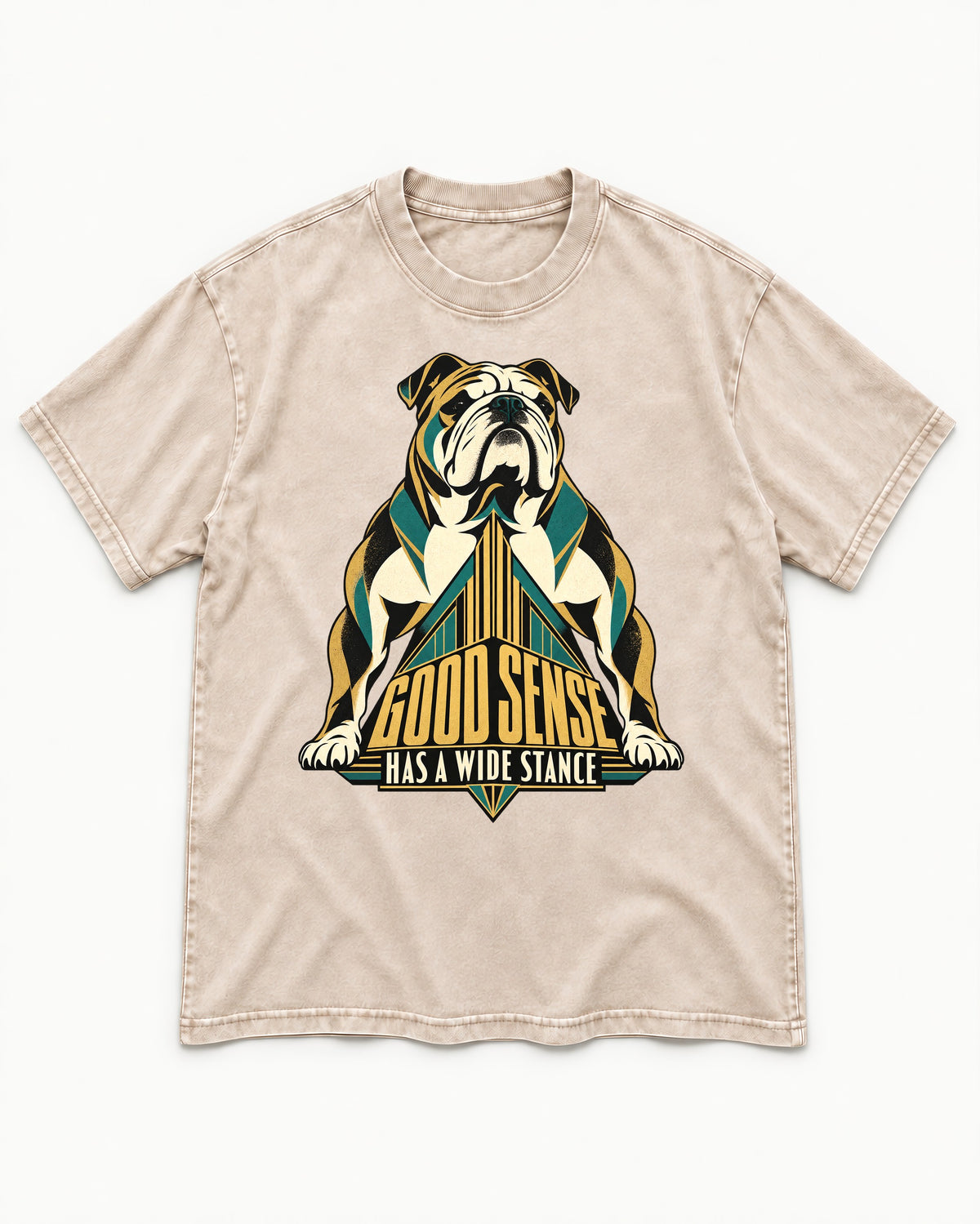Good Sense Has a Wide Stance English Bulldog Graphic Washed Tee in Apricot, flat lay product photo