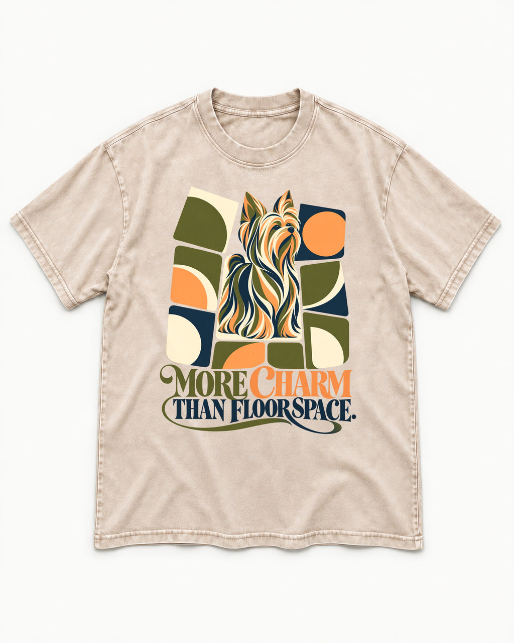 Yorkshire Terrier More Charm Than Space Washed Tee in Apricot, flat lay product photo