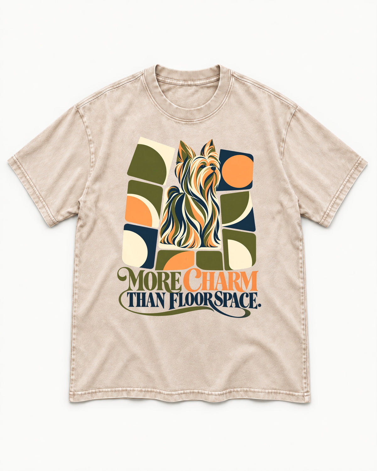 Yorkshire Terrier More Charm Than Space Washed Tee in Apricot, flat lay product photo
