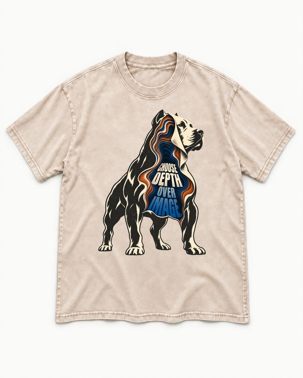 Pitbull Choose Depth Over Image Layered Cutaway Graphic Washed Tee in Apricot, flat lay product photo