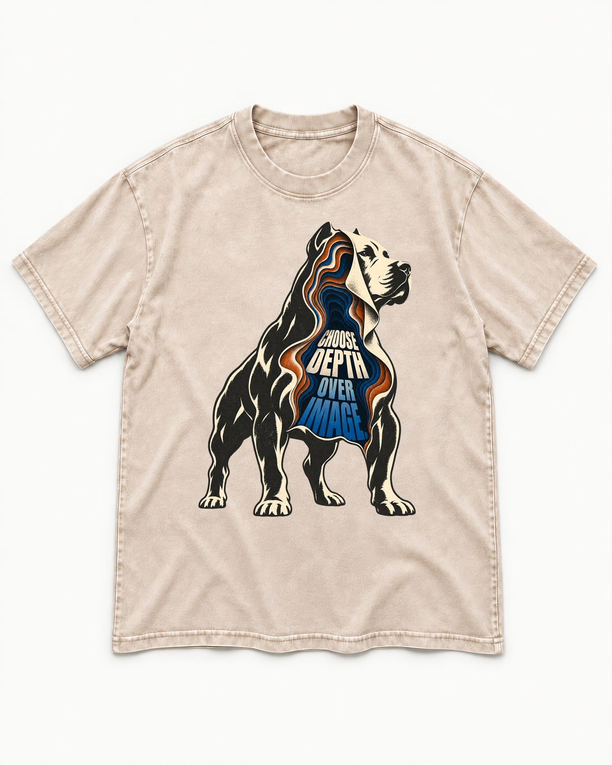 Pitbull Choose Depth Over Image Layered Cutaway Graphic Washed Tee in Apricot, flat lay product photo