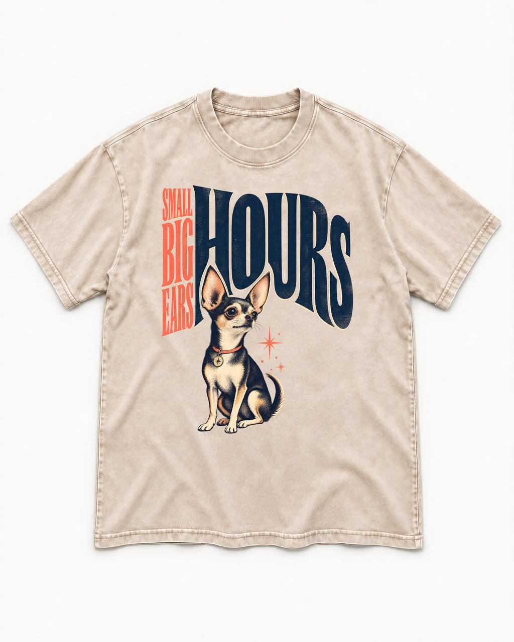 Chihuahua Small Big Ears Hours Washed Tee in Apricot, flat lay product photo