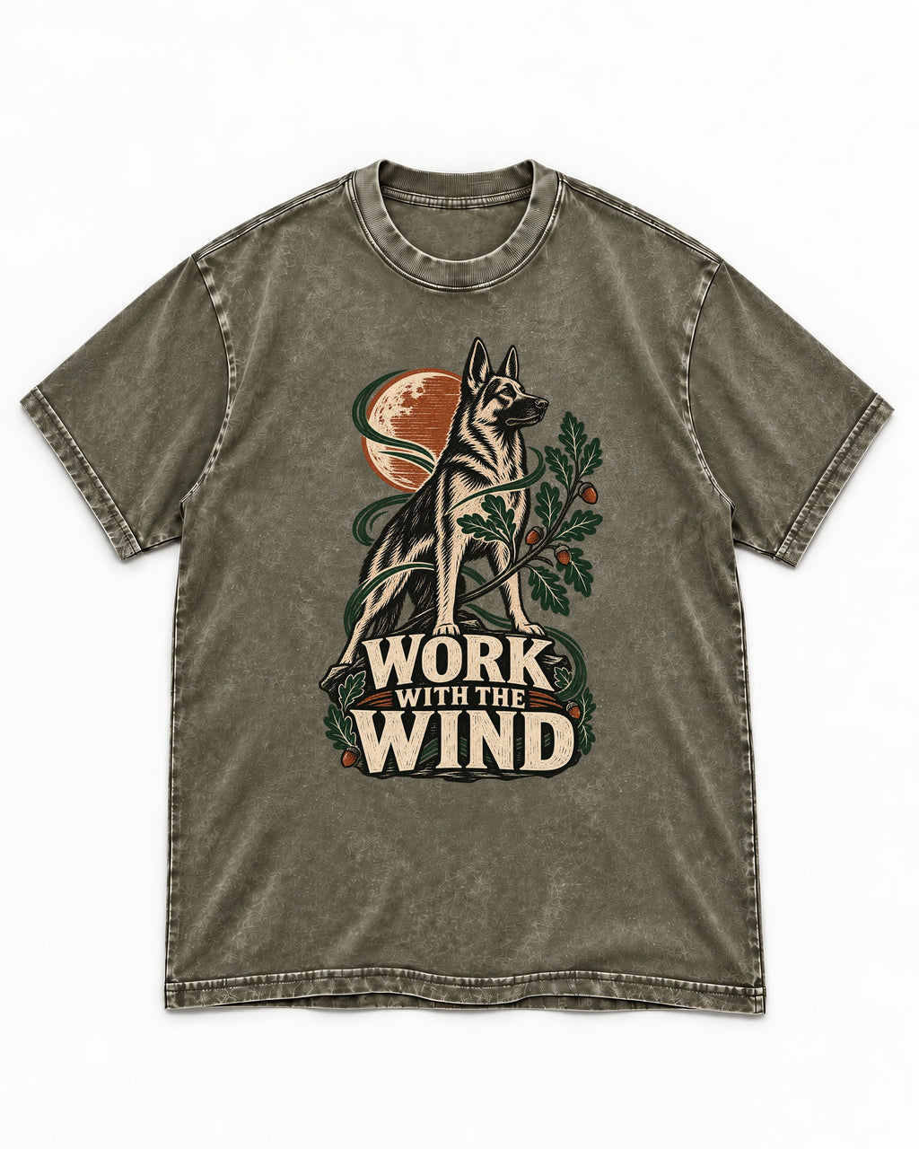 Work With The Wind Botanical Woodcut German Shepherd Dog Graphic Washed Tee in Army Green, flat lay product photo
