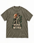 Work With The Wind Botanical Woodcut German Shepherd Dog Graphic Washed Tee in Army Green, flat lay product photo