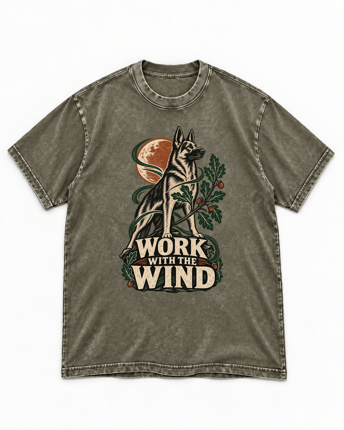 Work With The Wind Botanical Woodcut German Shepherd Dog Graphic Washed Tee in Army Green, flat lay product photo